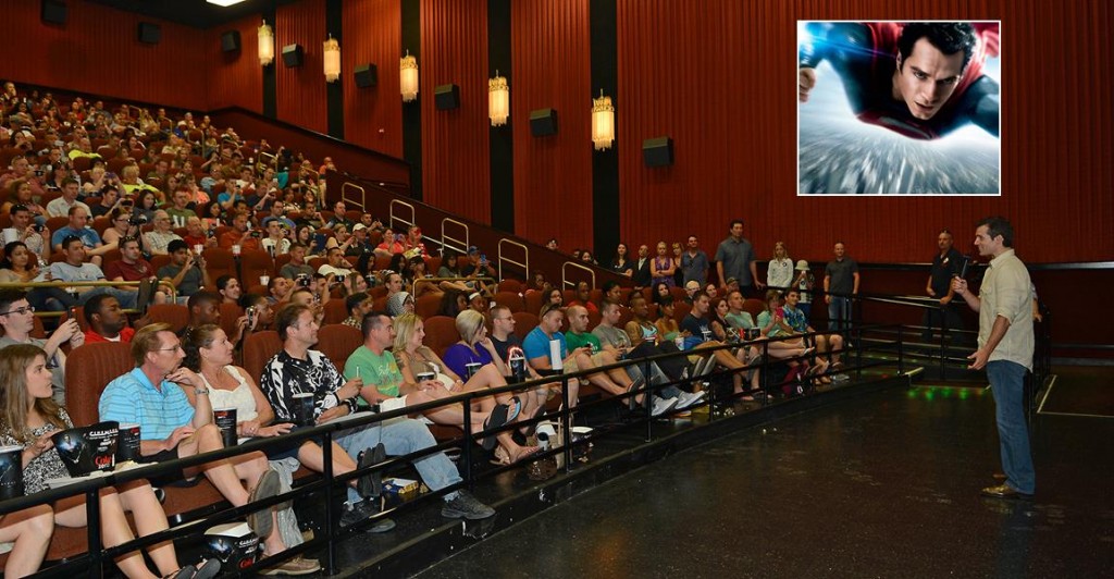 Henry Cavill (AKA Superman) speaks to Edwards AFB moviegoers before the prescreening of "Man of Steel." The movie was shown in two theaters AT Cinemark 22 in Lancaster on June 8. (U.S. Air Force photo by Jet Fabara)