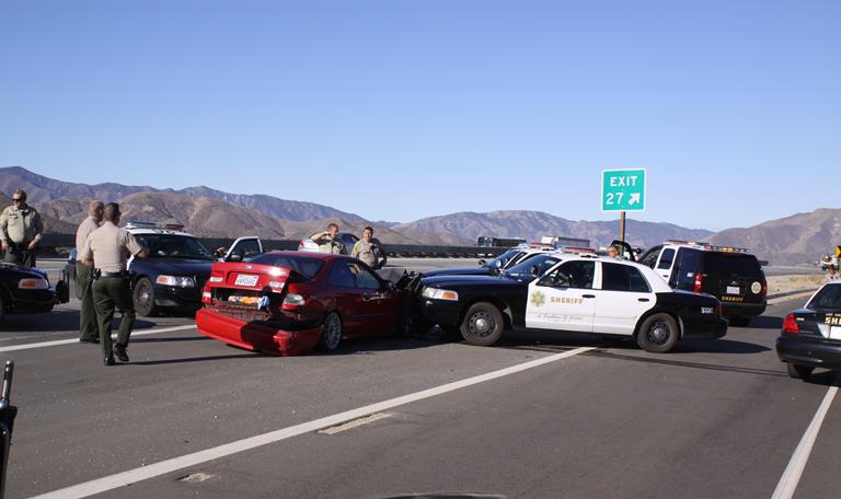 The chase ended near the Soledad Canyon Road 14 Freeway exit, when Joseph Darling slammed the stolen vehicle into a patrol car, injuring the deputies inside. (Photo courtesy LASD)