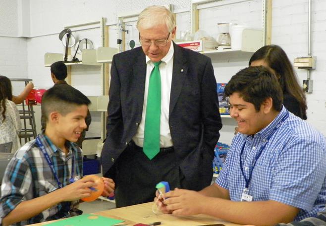 Los Angeles County Supervisor Michael Antonovich interacts with students Aug. 20 at The Palmdale Aerospace Academy. (Contributed)