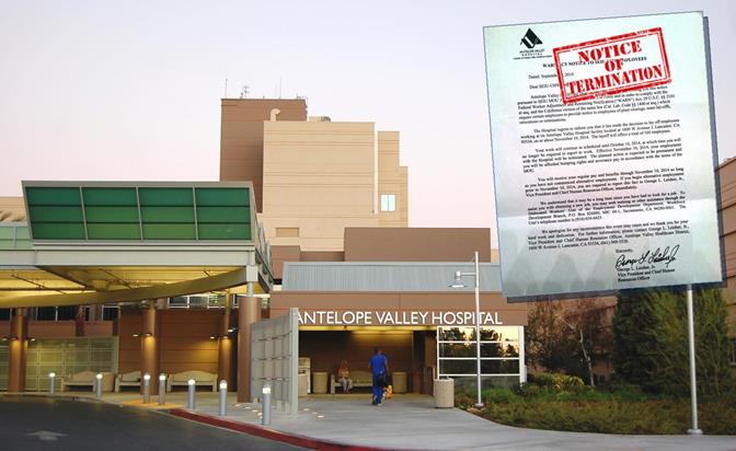 A boilerplate termination letter was mailed to a number of Antelope Valley Hospital employees this week warning that an upcoming layoff will affect a total of 105 employees. The letter informs recipients that their final workday is Oct. 10 and they will receive regular pay and benefits up to Nov. 10, the effective date of their termination. (Click the image to view the letter)