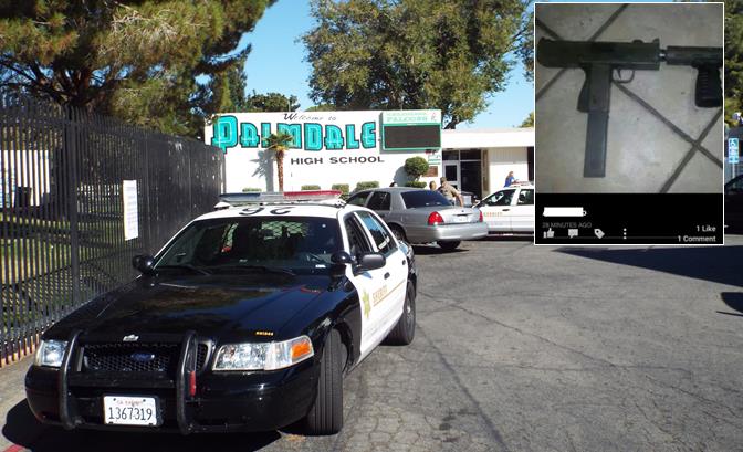 Credible sources told The AV Times that Palmdale High School was twice placed on lockdown Friday after the suspect shared this photo (top right) on Facebook and threatened to shoot up the school. The online photo was making the rounds with Palmdale High School students Friday. A replica gun was recovered from the suspect's home.