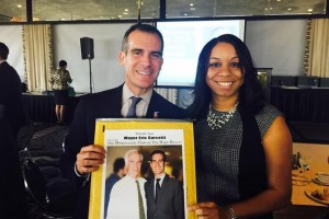 DCHD 1st Vice President Veronica Fields presented Los Angeles Mayor Eric Garcetti with a special memento on behalf of Antelope Valley residents, a photo of Garcetti and his father taken by Fields during the 2013 Los Angeles mayoral campaign. (Contributed)