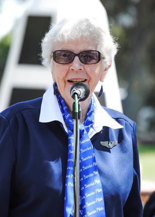 Women Airforce Service Pilot Flora Belle (Smith) Reece spoke at the W.A.S.P. memorial dedication at Lancaster Cemetery in 2011. (Aerotech News photo by Rebecca Amber) 