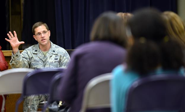 Chaplain (Lt. Col.) Brendon O'Dowd, 412th Test Wing chaplain, speaks to parents and teens during the Elephant in the Room event held at Desert Jr.-Sr High School on Feb. 18. (U.S. Air Force photo by Jet Fabara)