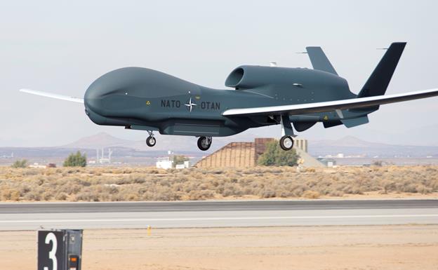 NATO's first Alliance Ground Surveillance aircraft took off from U.S. Air Force Plant 42 in Palmdale and arrived at Edwards AFB on Dec. 19. (U.S. Air Force photo by Chris Okula) 