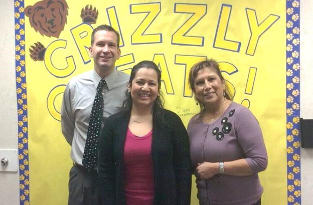 Golden Poppy Principal Ryan Beardsley, Paraeducator Jessica Albornoz, and District Administrator Assistant Rosa Armstrong. [contributed]